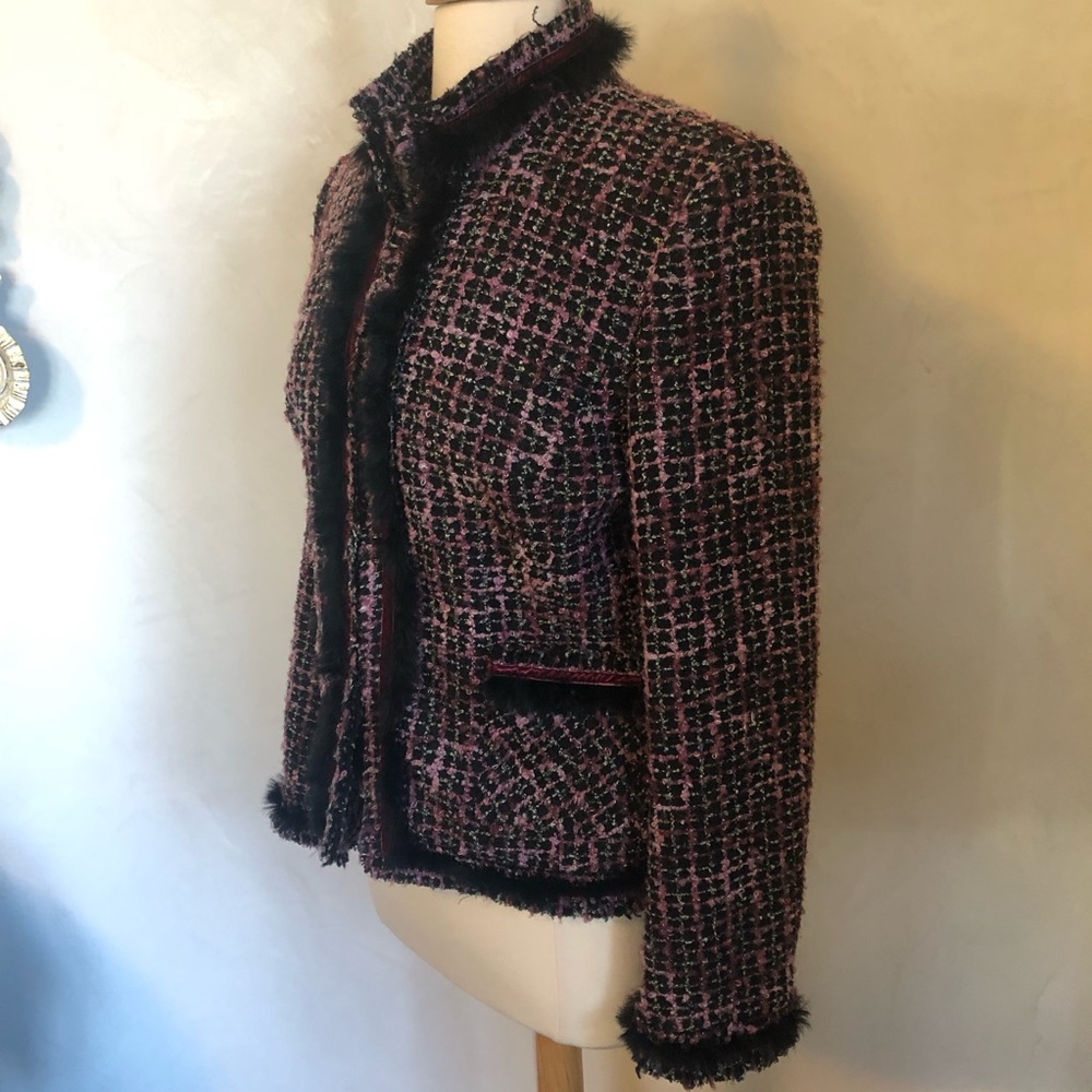 DS Essentials Rare Pink, Multi-Color Tweed Blazer black fur velvet trim Size 10 - Picture 6 of 13
